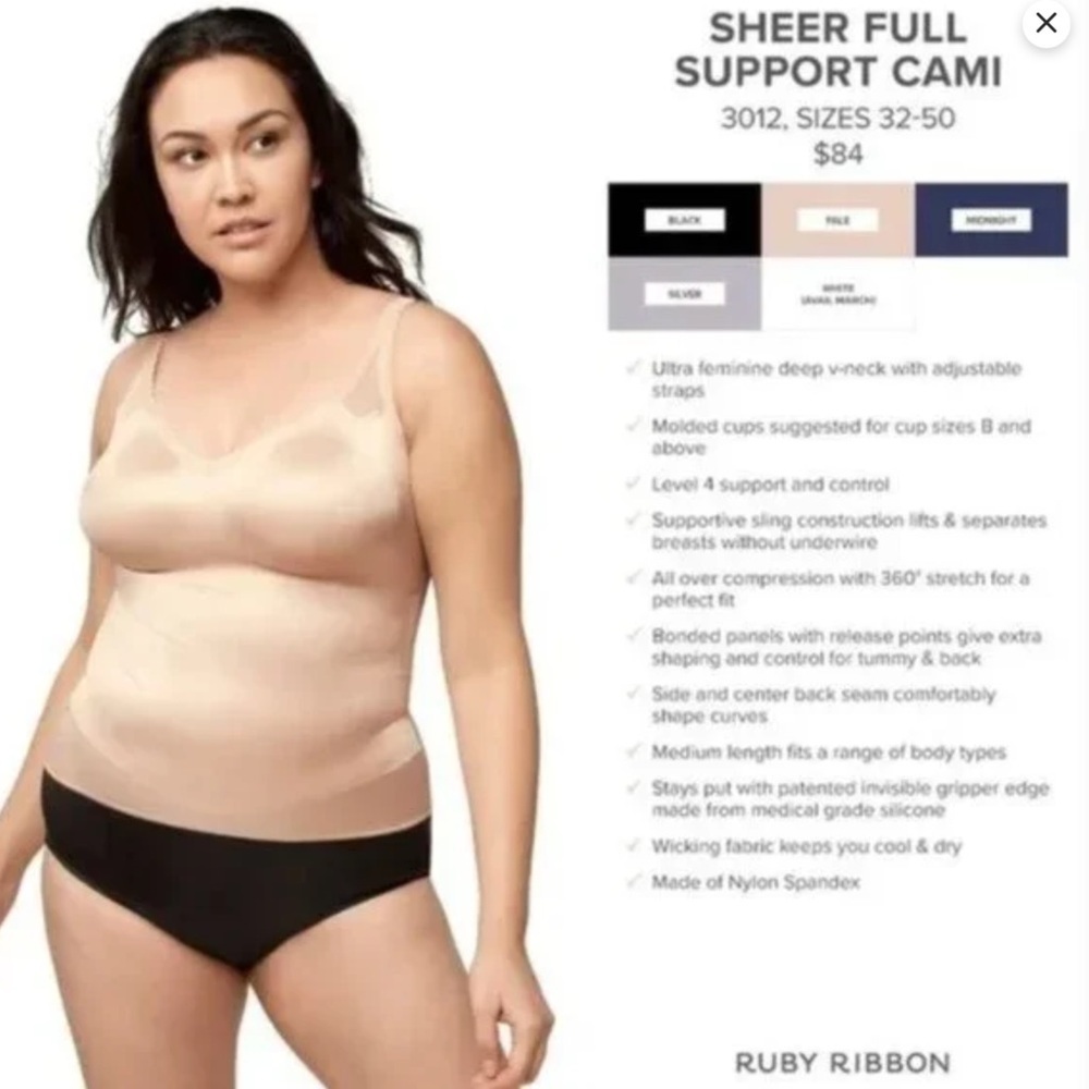 Ruby Ribbon Style 3012 Sheer Full Support Cami Size 50 Pale Color (nude)